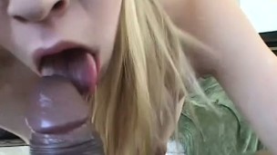 Profligate flaxen-haired girl shows her braces as she sucks an enormous exclude