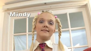 Blonde teen in a schoolgirl uniform teases and sucks in POV